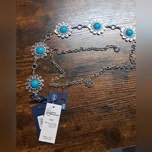 New White Mountain Silver Tone Concho Chain Belt Blue Accents Fillagree S